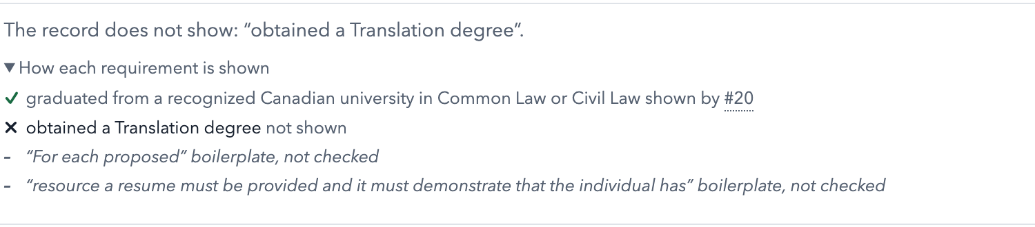 Sample grid row M02: the record does not show a translation degree; the law degree is shown by paragraph 20; two boilerplate phrases are listed as not checked.